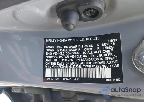 2019 Honda Civic Ex из США, поврежденный, VIN SHHFK7H61KU422268